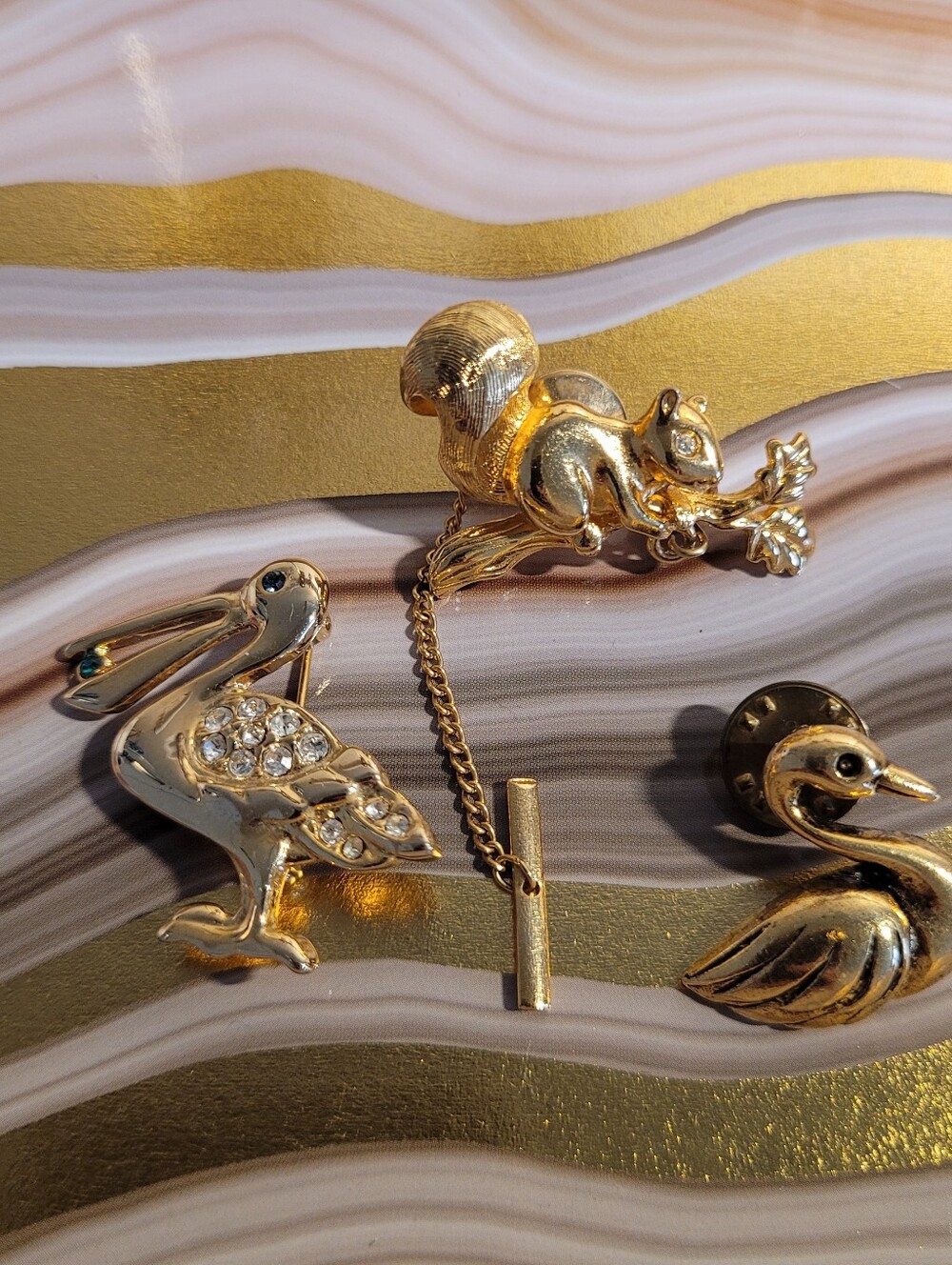 Vintage Gold Tone Animal Brooch Collection - Pelican, Squirrel & Swan